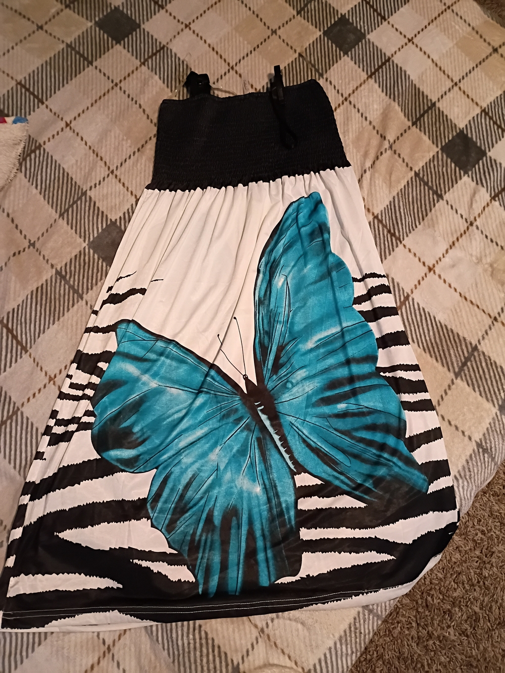 Women's White Drees with Teal Butterfly Print Y2k Size L